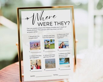 Where Were They Bridal Game, Modern Photo Guessing Game Template, Destination Wedding Activity, Wedding Shower Game Travel Couple Editable