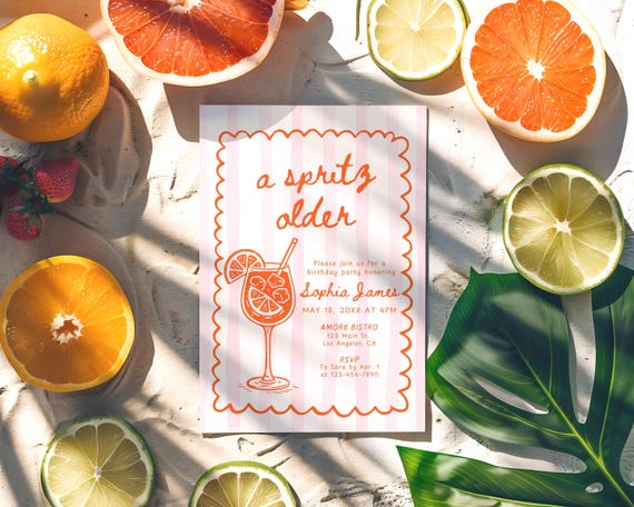 A Spritz Older Birthday Party Invitation Template, Hand Drawn Fun Orange Spritz Birthday Invite Pink Stripes Birthday Cocktail Invite