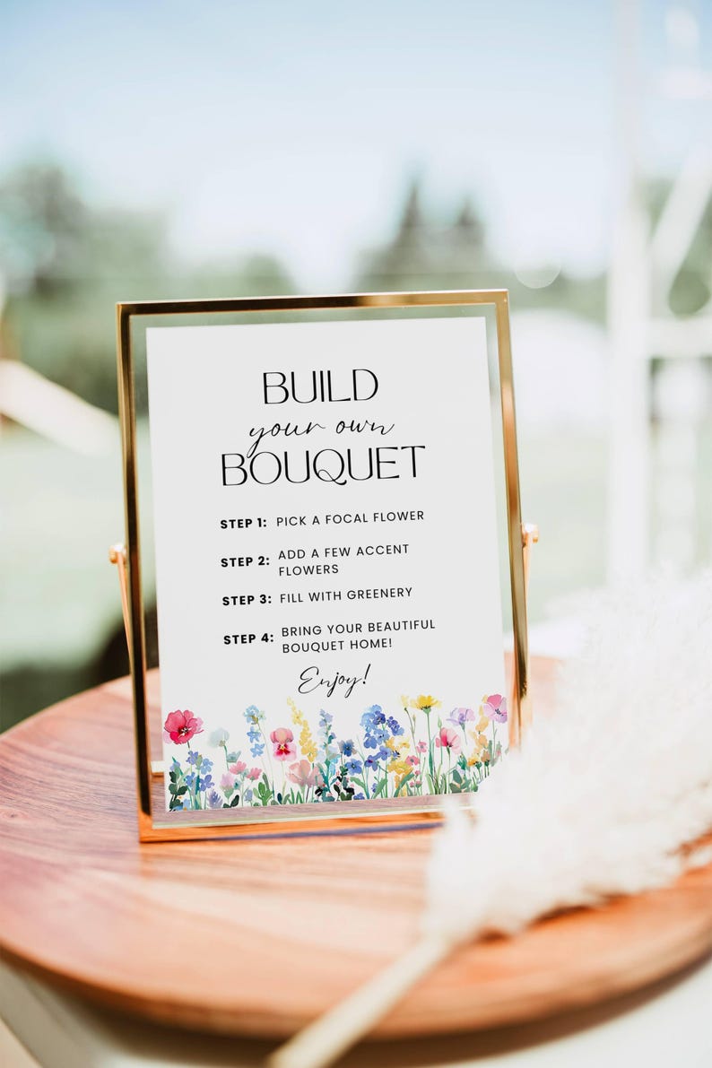 Flower Bar Sign, Build your own Bouquet Print Template, Floral Bridal Shower Sign, Flower Bar Cart Poster Wildflower Baby Shower Printable image 1
