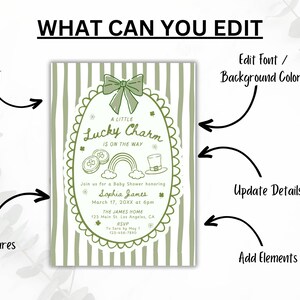 May include: A baby shower invitation with a green and white striped background. The invitation features an oval frame with a bow, shamrocks, a rainbow, and a leprechaun hat. Text includes "A Little Lucky Charm Is On The Way".