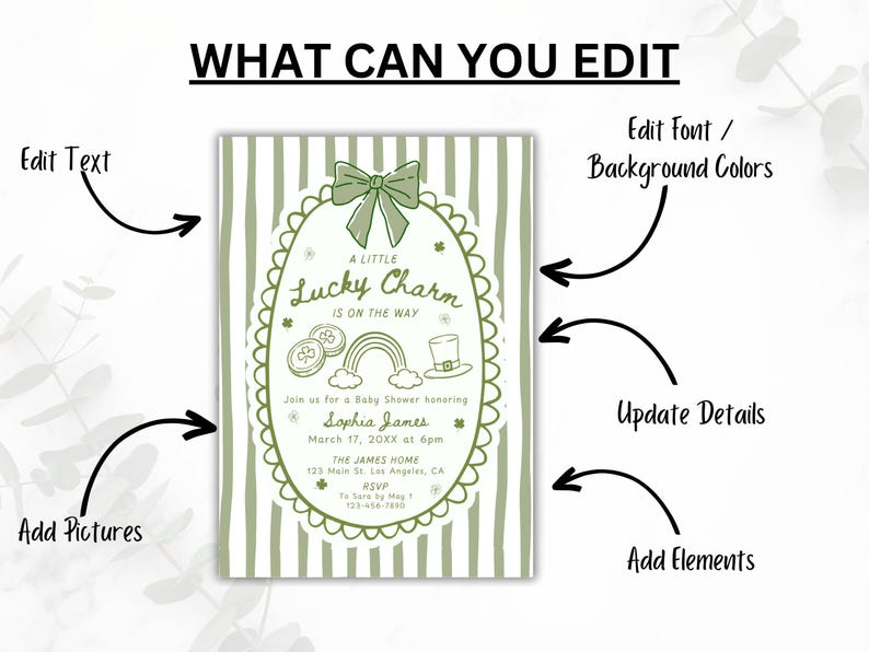 May include: A baby shower invitation with a green and white striped background. The invitation features an oval frame with a bow, shamrocks, a rainbow, and a leprechaun hat. Text includes "A Little Lucky Charm Is On The Way".