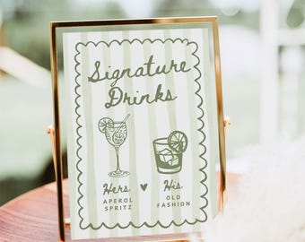 May include: A vertical rectangular sign in a gold metal frame featuring a light green and white striped background with a scalloped border. The text reads Signature Drinks, Hers Aperol Spritz, and His Old Fashion with line art illustrations.