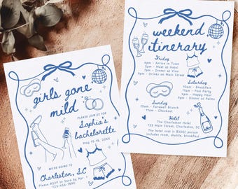 Girls Gone Mild Bachelorette Party Invitation & Itinerary Template, Blue Hand Drawn Spa Pajama Slumber Party Bach Weekend Invite Girls Trip