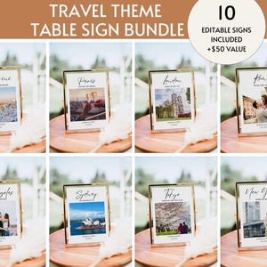 Travel Theme Wedding Photo Table Numbers Bundle, Destination Wedding Table Names, Anniversary Photo Table Numbers Wedding Signage Editable image 1