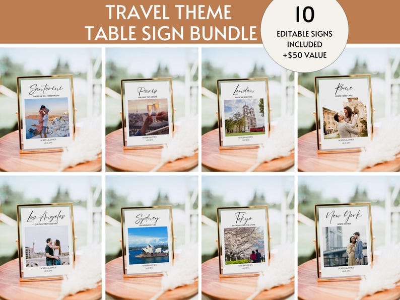 Travel Theme Wedding Photo Table Numbers Bundle, Destination Wedding Table Names, Anniversary Photo Table Numbers Wedding Signage Editable image 1
