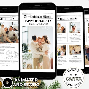 Krant kerstfotokaart digitale sjabloon, jaaroverzicht kerstkaart, geanimeerde familiefoto kerstvakantie nieuwsbrief telefoon