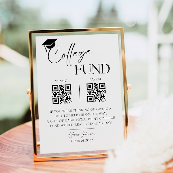 College Fund QR Code Sign Template, Modern Minimalist Graduation Party Sign, Custom High School Grad Table Sign, Venmo QR Code Sign Editable