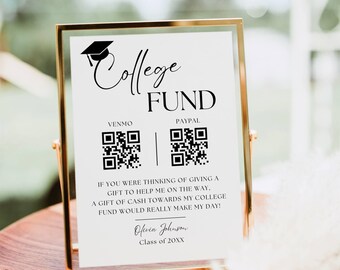 College Fund QR Code Sign Template, Modern Minimalist Graduation Party Sign, Custom High School Grad Table Sign, Cash QR Code Sign Editable