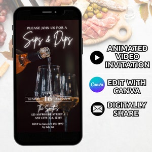 Sips Dips Charcuterie Invitation Template, Digital Wine and Cheese Invite Animated, Girls Night Wine Tasting Birthday Party Invite Phone