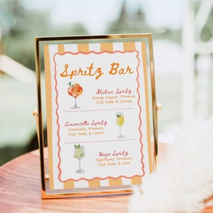 Spritz Bar Sign, Italian Hugo Spritz Cocktail Print, Signature Drink Bar Menu Template Cocktail Poster Wavy Stripe baby Bridal Shower Decor