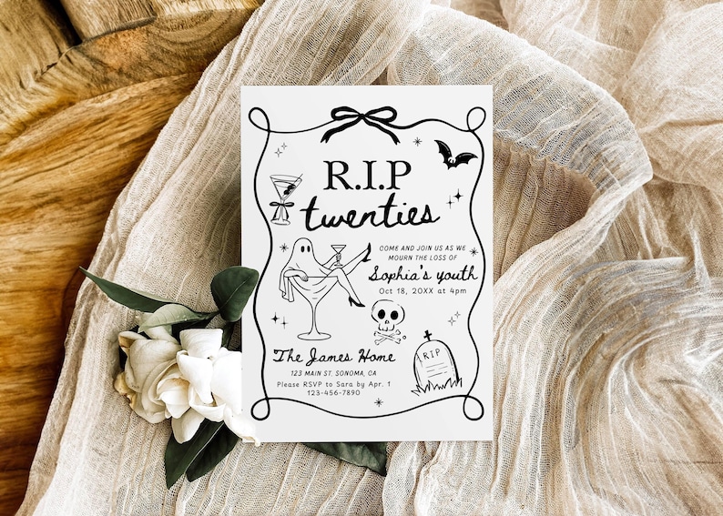 May include: A white invitation card with black line art, featuring the text "R.I.P twenties" and a ghost in a martini glass. The card includes event details and is set against a beige fabric and wooden surface.