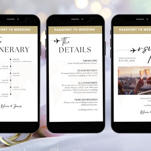 May include: Three black smartphone mockups with white backgrounds displaying a wedding invitation with a gold and black design. The invitation includes a timeline, details, and RSVP information. The text on the invitation reads "Passport to Wedding", "The Itinerary", "The Details", "Dresscode: Semi formal and dressy casual", "Transportation will be provided to and from the wedding to the hotel", "Accommodation: We reserved a room block at the Park Hotel. Please call 121 416 1800 and reference "Olivia and James" wedding for your discounted rate", "More Information: Please visit our wedding website for additional details. weddingwebsite.com", "+usup", "Kindly Respond By July 1st, 20XX", "Please RSVP through our wedding website. weddingwebsite.com", "Olivia & James".