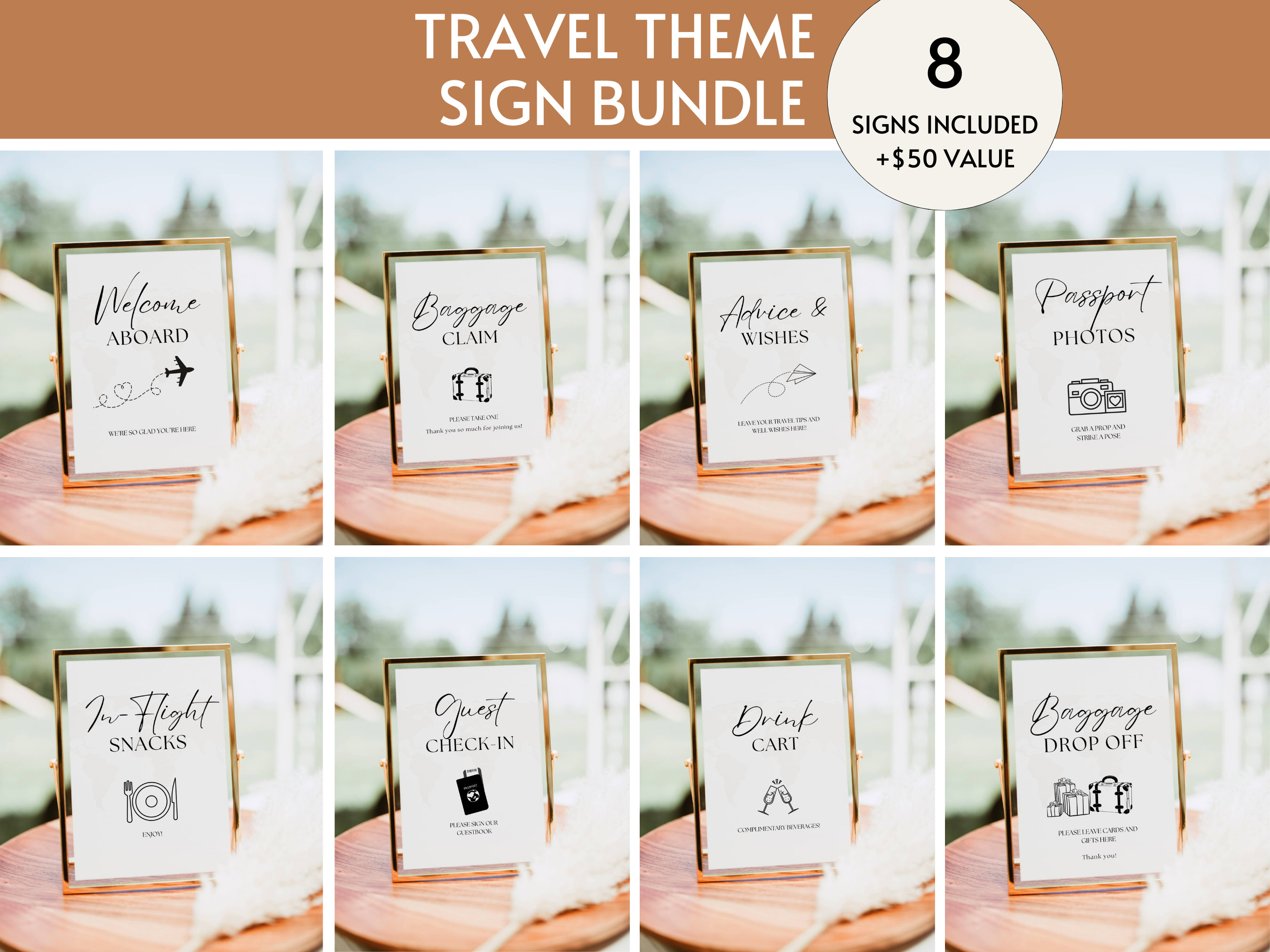 Travel Theme Sign Bundle for Weddings Baby Shower Editable, Airplane Birthday Party Decor, Adventure Bridal Shower, Bon Voyage Retirement