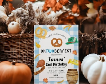 May include: A rectangular invitation card with a light blue and white checkered border featuring illustrations of a pretzel, a green hat, a chicken leg, a sausage, a yellow horn, and a wooden barrel. The text reads OKTWOBERFEST CELEBRATING James' 2nd Birthday OCT. 18, 20XX AT 5PM THE SMITH HOME 123 Main St. Los Angeles, CA RSVP To Sara 123-456-7890.