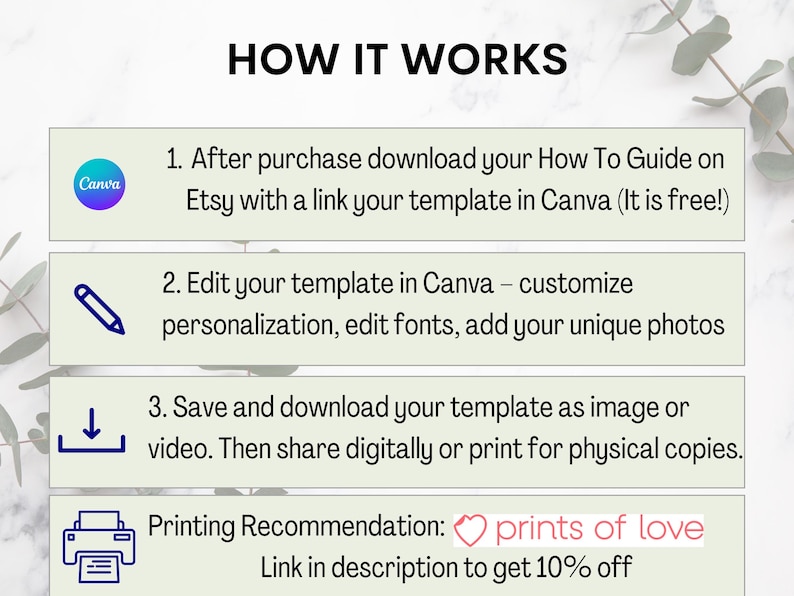 May include: A green and white graphic with instructions on how to use a Canva template. The graphic includes icons for Canva, a pencil, a download arrow, and a printer. The text reads "HOW IT WORKS" and includes the following steps: 1. After purchase download your How To Guide on Etsy with a link your template in Canva (It is free!). 2. Edit your template in Canva - customize personalization, edit fonts, add your unique photos. 3. Save and download your template as image or video. Then share digitally or print for physical copies. Printing Recommendation: prints of love Link in description to get 10% off