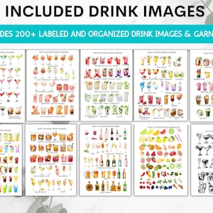 May include: A collection of watercolor drink images, including cocktails and garnishes. The image includes the text "INCLUDED DRINK IMAGES" and "INCLUDES 200+ LABELED AND ORGANIZED DRINK IMAGES & GARNISHES". The images are arranged on white backgrounds.