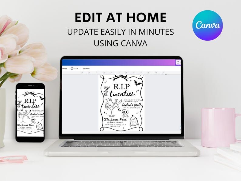 May include: A laptop and smartphone display a black and white invitation design with the text "R.I.P. twenties". The invitation features a ghost, martini glass, and tombstone. The words "Edit at Home" and "Update Easily in Minutes Using Canva" are also visible.