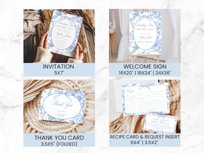 Op de afbeelding: Een set met printbare bruidsdouche-uitnodigingen, een welkomstbord, een bedankkaartje en een receptkaart met een blauw en wit bloemenpatroon. De tekst op de uitnodiging luidt "Something Blue Before I Do".