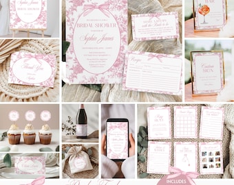Pink Coquette Toile Bridal Shower Bundle, Vintage Floral Bow Bridal Shower Invite Signs & Games Bundle French Chinoiserie Editable Template