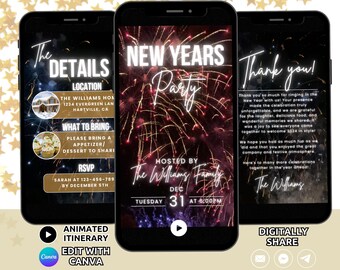 May include: Three smartphone screens displaying a New Year's party digital invitation template with fireworks backgrounds. The screens show event details, a host name, date, time, and a thank you message with text in white and gold.