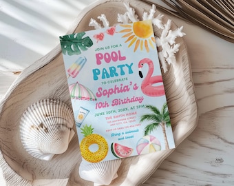 Puede incluir: Una invitación rectangular para una fiesta en la piscina por el décimo cumpleaños de Sophia el 20 de junio. La tarjeta azul claro presenta ilustraciones en acuarela de un flotador de flamenco rosa, piña, sol, palmera y playa.