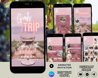 May include: A digital invitation template for a girls trip birthday celebration in Napa, CA, displayed on multiple smartphone screens. The design features a wine glass graphic, pink text, and sections for details, itinerary, restaurants, outfits, and guests.