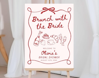Letrero de bienvenida para despedida de soltera: Brunch con la novia, Letrero de brunch nupcial con desayuno y mimosa, Letrero de bienvenida para despedida de soltera dibujado a mano y editable.