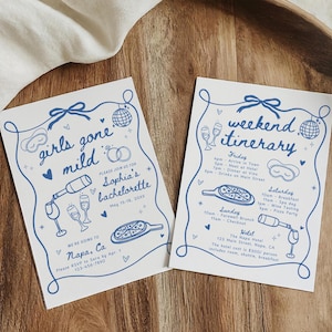 Op de afbeelding: Twee witte kaarten met blauwe illustraties en tekst. De eerste kaart is een uitnodiging voor een vrijgezellenfeest in Napa, Californië. De tweede kaart is een weekendprogramma voor het vrijgezellenfeest. Het programma omvat activiteiten zoals wijnproeven, een dagje naar de spa en een pizzafeest.