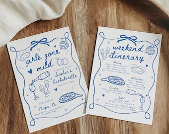 Girls Gone Mild Bachelorette Party Invitation & Itinerary Template, Blue Hand Drawn Spa Pajama Slumber Party Bach Weekend Invite Girls Trip