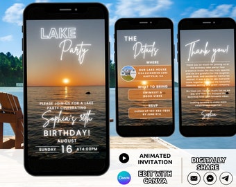 Lake Birthday Invitation Template, Digital Lake Birthday Party Invite, Animated Boat Shore Lake Beach Party Summer Celebration Invite Phone