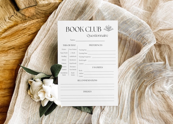 Book Club Survey Questionnaire, Reading Group What to Read Next Survey Book Club Activity & Ice Breaker Game Ladies Night Template Printable