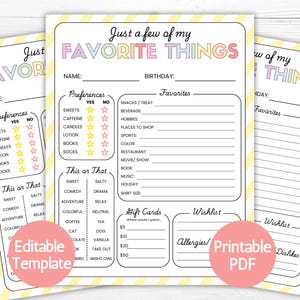 Cuestionario de encuesta de lista de cosas favoritas, formulario para conocerse, preguntas para compañeros de trabajo, encuesta de formación de equipos, ideas de agradecimiento a los maestros editables