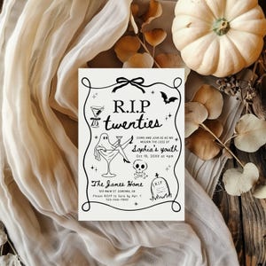 May include: A black and white invitation card with the text "R.I.P twenties" and a ghost illustration. The card includes details for "Sophia's youth" event, with a date and time. The James Home address and RSVP information are also included.