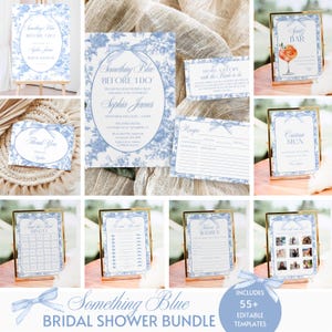 Pacchetto per la festa nuziale Something Blue Before I Do, inviti per la festa nuziale con fiocco floreale vintage, cartelli e giochi, modello modificabile French Toile