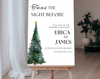 Cartel de bienvenida de la cena de ensayo de bodas de Navidad, cartel de bienvenida de la noche anterior, plantilla editable de señalización de bienvenida de la cena de ensayo de invierno