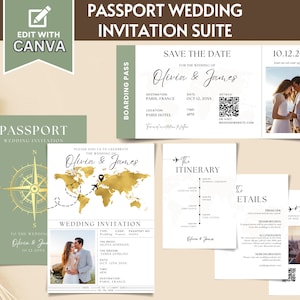 Pass-Hochzeitseinladungs-Suite-Vorlage, Hochzeitseinladung in Gold, Reisethema-Bordkarte-Hochzeitseinladungspaket RSVP bearbeitbar