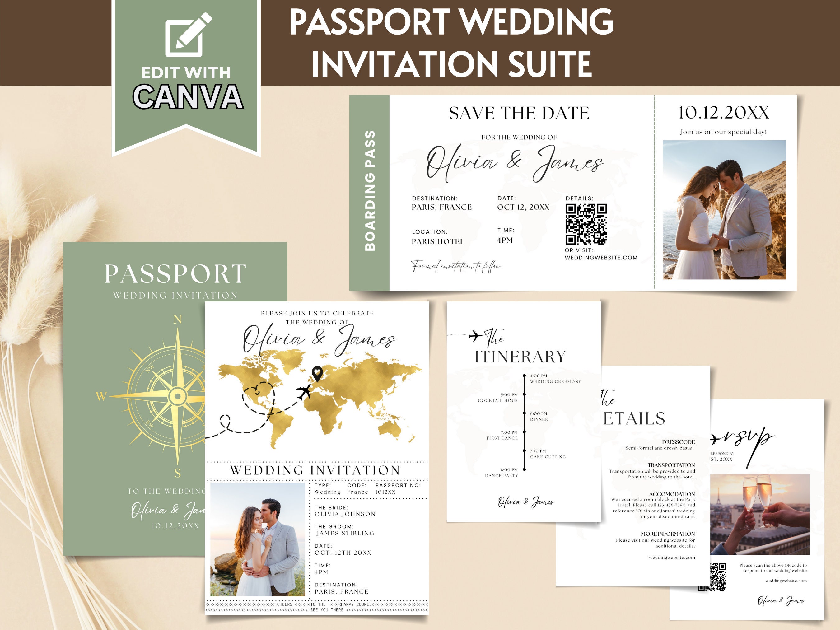 Passport Wedding Invitation Suite Template, Destination Wedding Invite  Gold, Travel Theme Boarding Pass Wedding Invite Bundle RSVP Editable - Etsy, image size:2700x2025
