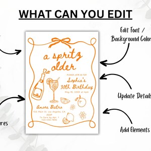 May include: White invitation with orange text and illustrations. The text reads "a spritz older" and announces Sophia's 30th birthday. Includes illustrations of a bottle, cocktail, and fruit. Arrows point to editable elements.