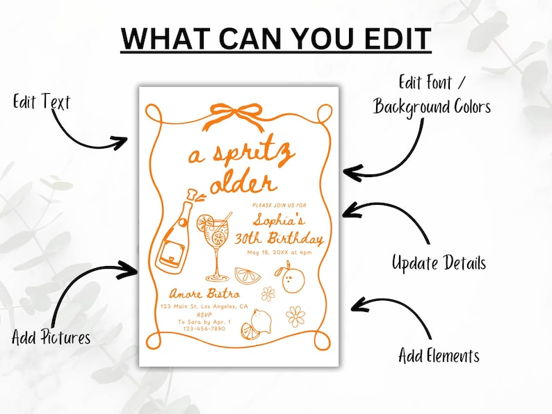 May include: White invitation with orange text and illustrations. The text reads "a spritz older" and announces Sophia's 30th birthday. Includes illustrations of a bottle, cocktail, and fruit. Arrows point to editable elements.