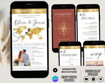 Passport Wedding Invitation Suite Electronic Template, Animated Destination Wedding Invite Set, Travel Wedding Invite Bundle RSVP Editable