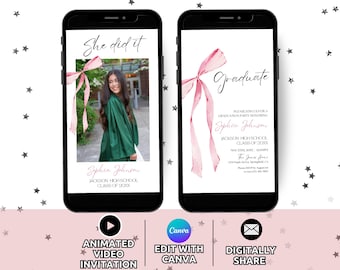 Digital Pink Bow Graduation Invitation Template, Animated Photo Grad Party Announcement Invite, 2025 Senior Graduate Evite Phone Editable
