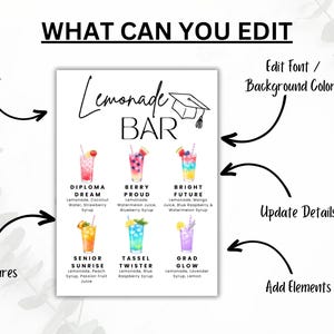 May include: A white sign featuring the words "Lemonade BAR" and images of various colourful lemonade drinks. The sign also includes the text "What Can You Edit" with arrows pointing to options such as "Edit Text" and "Add Pictures".