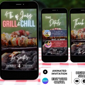 4th of July BBQ Invitation Template, Digital Grill and Chill Party Invite Animated, July 4th Cookout Barbeque Party Celebration Invite Phone