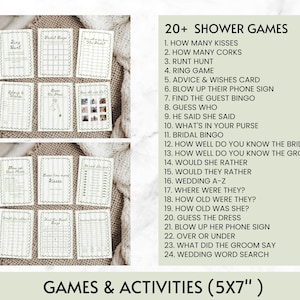 May include: A collection of bridal shower games printed on cards with a green and white striped design. The image includes a list of 20+ shower games and the text "Games & Activities (5x7")".