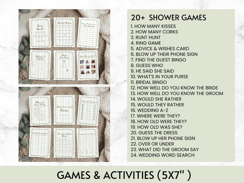 May include: A collection of bridal shower games printed on cards with a green and white striped design. The image includes a list of 20+ shower games and the text "Games & Activities (5x7")".