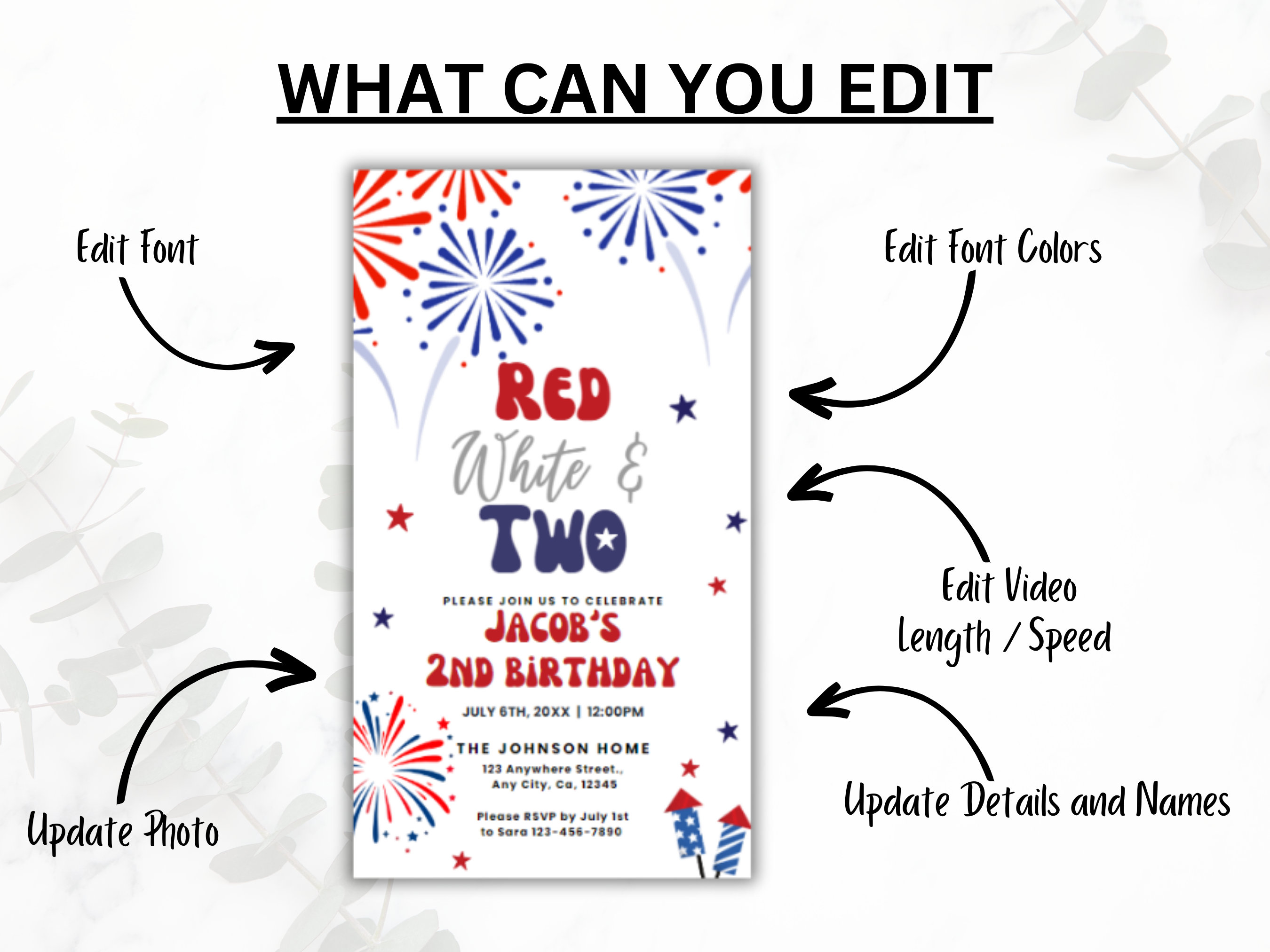 Red White and Two Birthday Invitation Template, Digital 4th of July 2nd ...