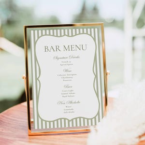 Bar Menu Sign Template, Vintage Elegant Signature Drink Bar Menu Template Wavy Green Stripes Wedding Shower Birthday Party Cocktail Bar Sign