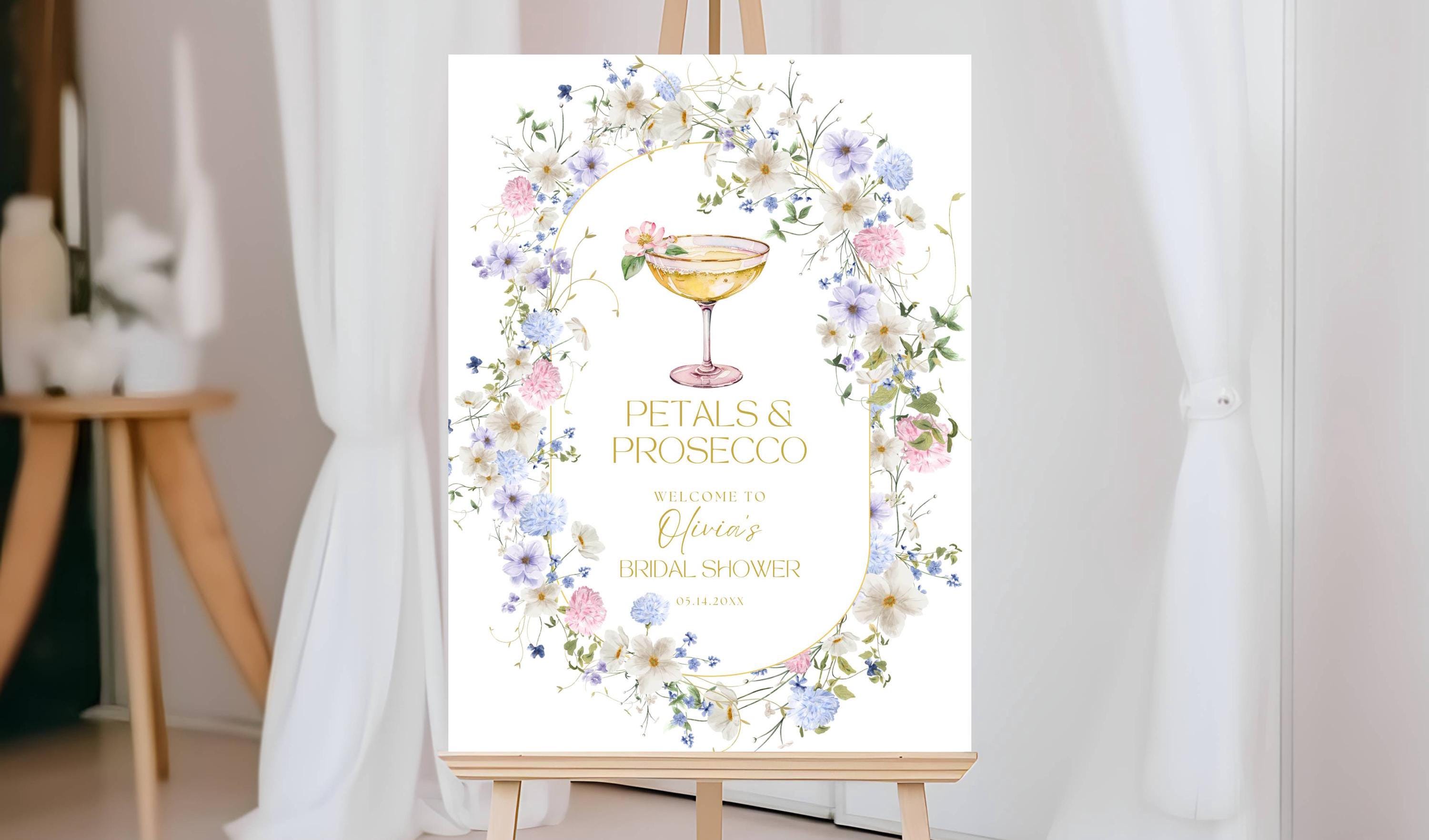 Letrero de bienvenida para despedida de soltera con pétalos y prosecco, letrero floral pastel para brunch nupcial, letrero de bienvenida para despedida de soltera con pétalos y prosecco editable
