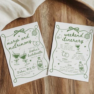 Modello di invito e itinerario per festa di addio al nubilato Margs and Matrimony, Margaritas disegnati a mano e invito per il weekend di matrimonio Bach, viaggio tra ragazze