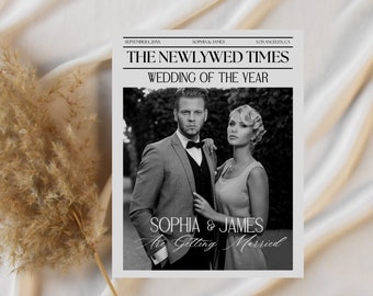 Zeitung Hochzeitsprogramm Vorlage, bearbeitbares Hochzeitszeitungspapierprogramm, druckbares Hochzeitsinfografik, gefaltetes Hochzeitstagsprogramm Tabloid